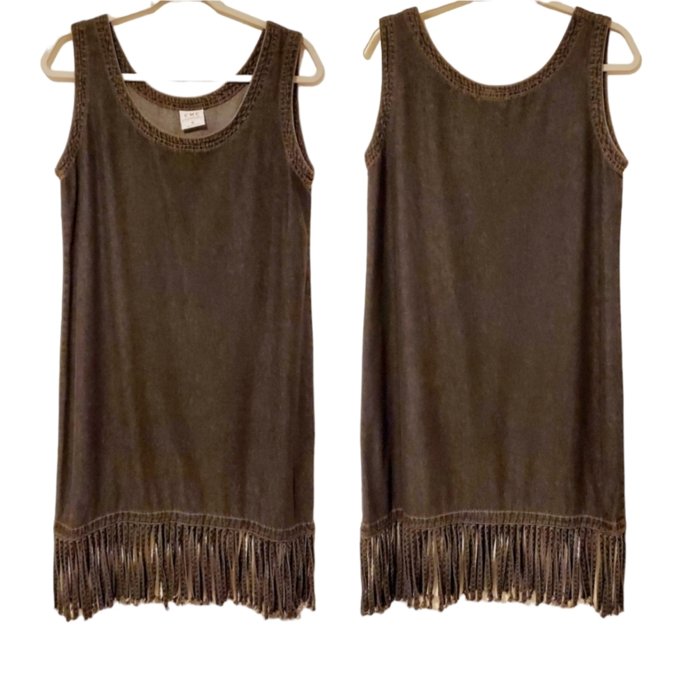 Vintage CMC Color Me Cotton Washed Black Denim Sleeveless Fringed Hem Dr…